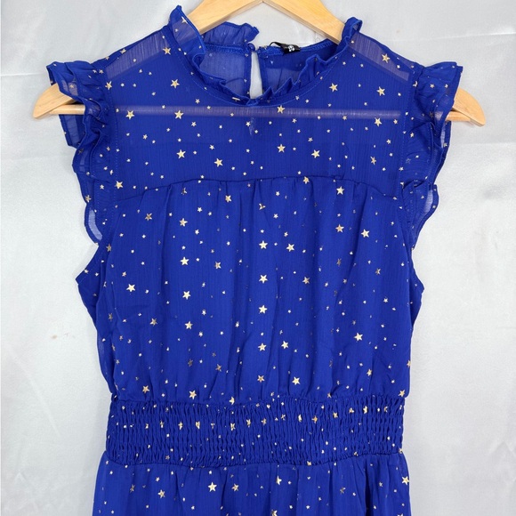NWT Allegra K Blue Metallic Star Chiffon Party Dress Smocked Waist Size Small - Picture 3 of 9